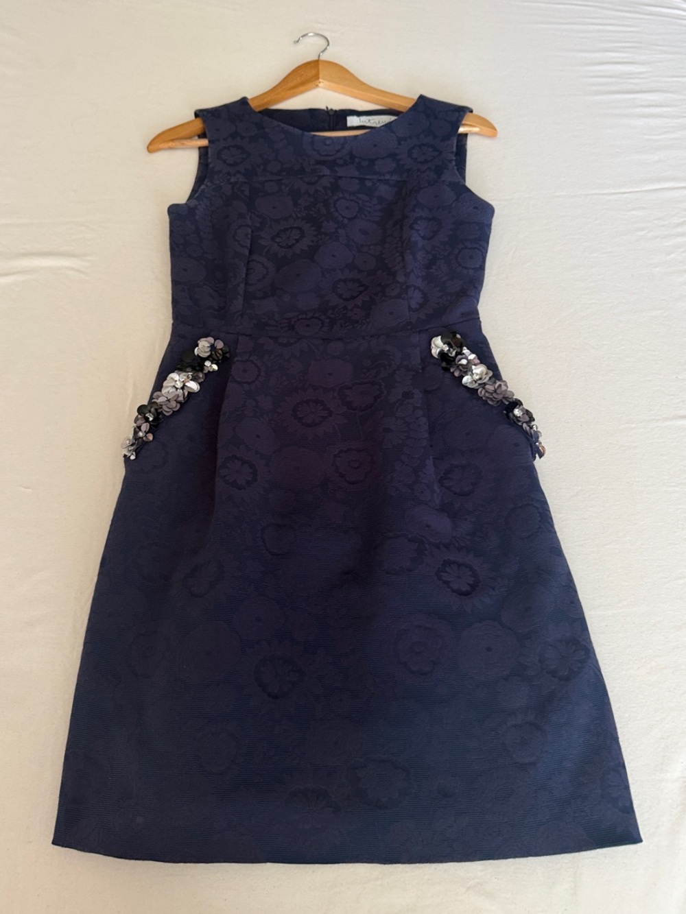Sleeveless Navy Floral Jacquard Dress with Beaded Pocket Embellishments